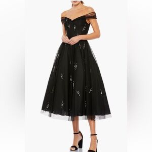 Ieena for Mac Duggal | Black Tulle Off The Shoulder Pearl Embellished Dress